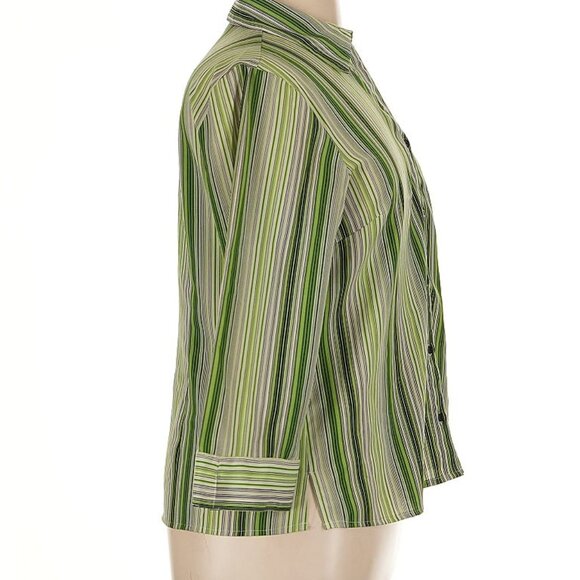 Button-down Blouse; 3/4 Sleeve; EUC; Green Stripe; Notations; Size XL - Picture 3 of 5